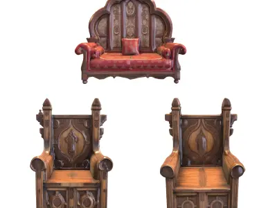 Medieval Wooden Furniture  Pack   Low-poly 3D model