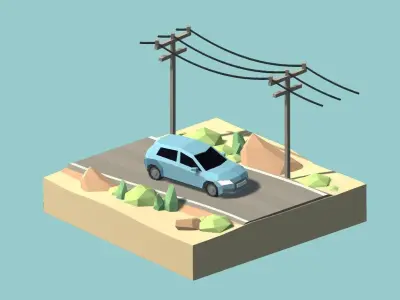Low Poly Cars car on road with power lines Free low-poly 3D model