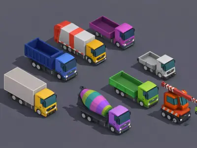 Low Poly Truck Pack 8 Models Optimized Transport Vehicle Set Low-poly 3D model