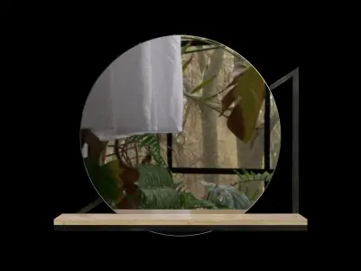Black Metal And Wood Wall Mounted Mirror With Shelf 3D model