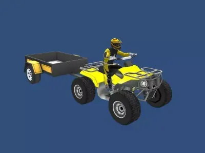 LowPolyQuadBikeWithTrailerandRider-5 atv with trailer Low-poly 3D model