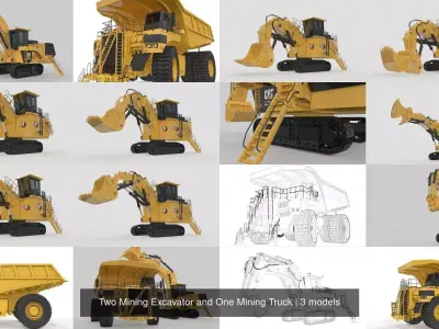 Two Mining Excavator and One Mining Truck 3D Model Pack