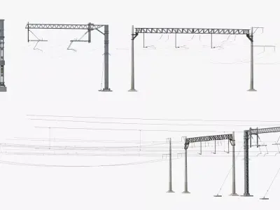 Railway Catenary Support Poles with Wires Set MidPoly 3D model