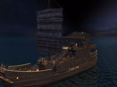 Ancient Chinese warships and sailboats at sunset 3D model
