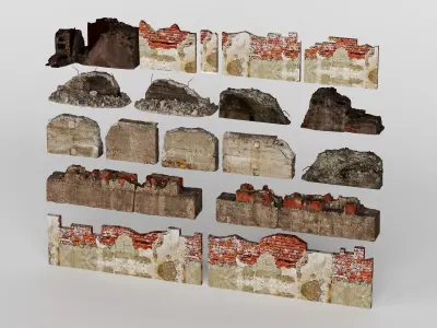 Ruined Brick Walls and Damaged Structures Low-poly 3D model