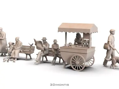  Street Scene  People Bench Vendor Cart for 3D Printing Diorama 3D print model