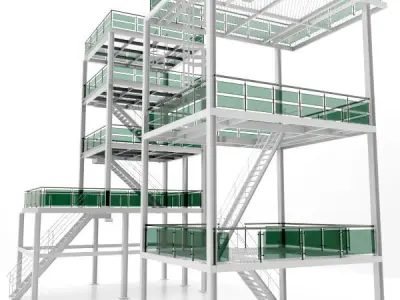 Platform 2 metal building with stairs and railings 3D model