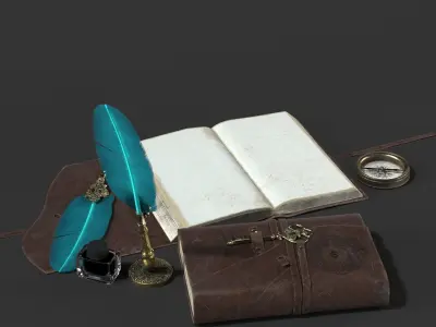 Antique Pen and Ink with Diary Low-poly 3D model