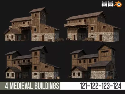 4 Old Wooden House Building Pack 4K GameReady 121 to 124 Low-poly 3D model
