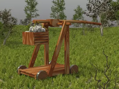 Trebuchet wooden wheelbarrow in middle of field 3D model