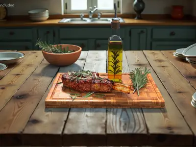 Wooden Board with Meat and Rosemary Oil 3D model