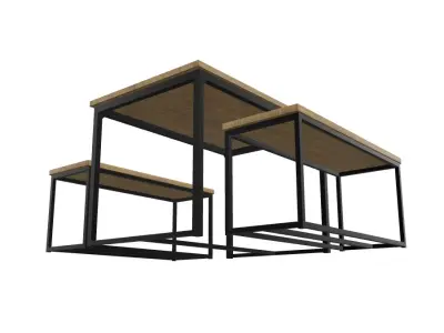 Industrial Style Dining Table with Benches 3D model