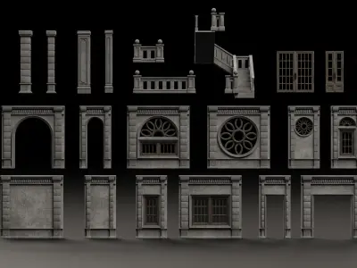CLASSIC EUROPEAN KITBASH 03 MODULAR BUILDING WITH INTERIOR Low-poly 3D model