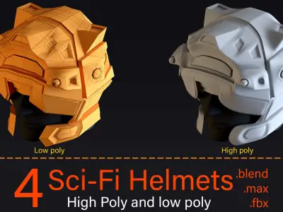 4 Sci-Fi Helmets-High poly and Low poly 3D model