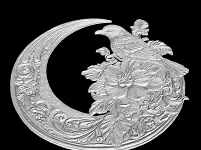 Celestial Harmony Bird and Moon with Floral Elegance 3D print model