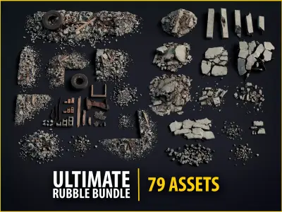 Concrete and Rubble Debris Bundle - 79 Assets PBR Game Ready 3D Model Pack