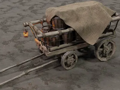 A stylized medieval cart with a lamp and barrels of linen Low-poly 3D model