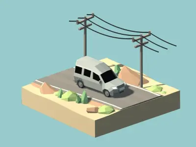Low Poly Cars car on road with power lines Free low-poly 3D model
