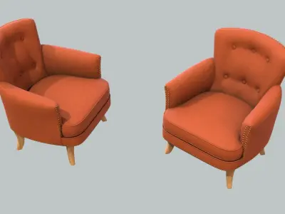 Vintage Chair Rust Linen Upholstery Natural Chestnut Legs 3D model