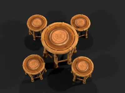Stylized Bamboo Table and Stools Set Low-poly 3D model