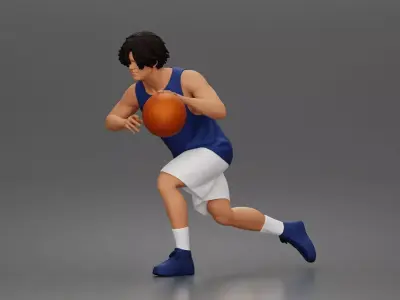 Basketball player drives forward dribbling ball wearing jersey 3D print model