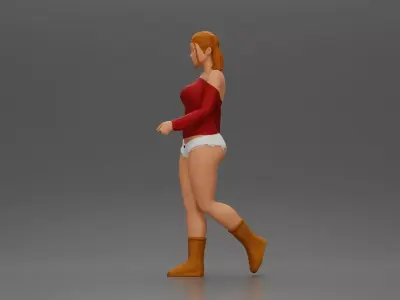 woman walking with purpose wearing top white shorts brown boots 3D print model