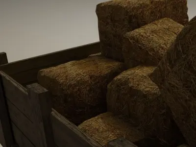 Low Poly Cart wooden wagon with bales of hay Low-poly 3D model
