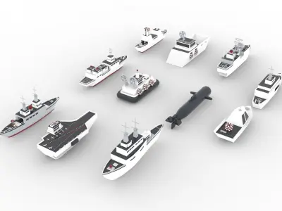 Battleship Collection group of ships and submarines Low-poly 3D model