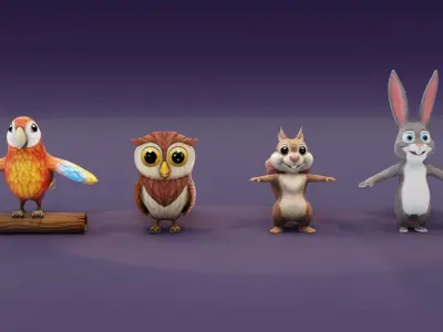 Ara Parrot Owl Squirrel Rabbit Pack 3D Model Low-poly 3D model