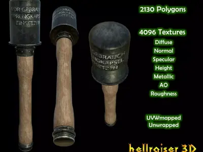 M24 Stick Grenade - PBR - Textured Low-poly 3D model