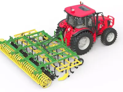 Tractor and Agricultural Cultivator  Low-poly 3D model