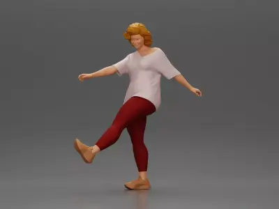 Woman in casual outfit joyfully kicks her leg with energy 3D print model