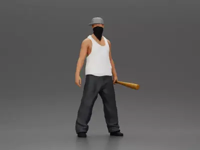 Gnangster Man in streetwear posing with a bat and face mask 3D print model