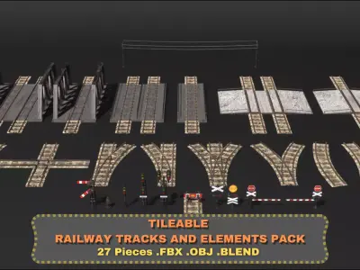 Tileable Railway Tracks and Props Pack Low-poly 3D model