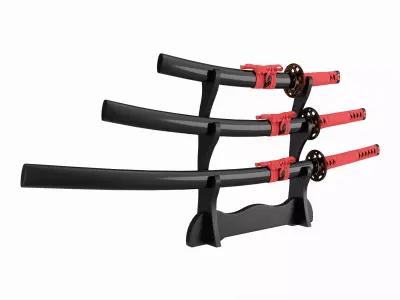 Katana Wakizashi Tanto Set on a Stand 3D model