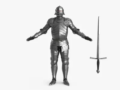 Medieval Knight Gothic Plate Armor Two-Handed Sword T pose Low-poly 3D model