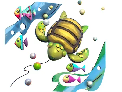 Cartoon 3D illustration Sea Animal Turtle Fish Low-poly 3D model