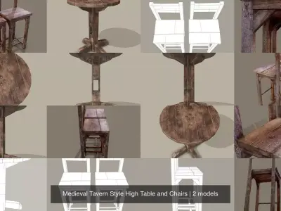 Medieval Tavern Style High Table and Chairs 3D Model Pack
