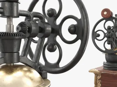 Retro Cast Iron Coffee Grinder on Carved Wood Chest Brown Gold Rigged 3D model