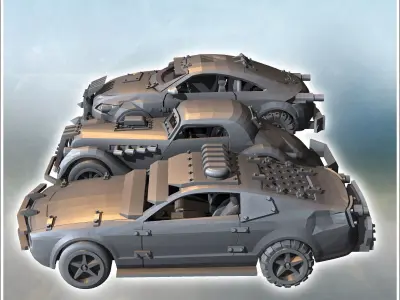 Set of three post-apocalyptic cars with bumper and improvised ar 3D print model