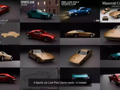 4 Sports car Low-Poly Game-ready 3D Model Pack