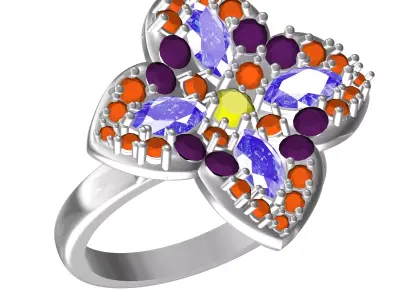 Antique Colorful Diamond Flower Engagement Ring 3D print model