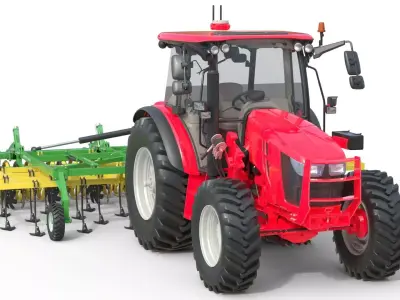 Tractor and Agricultural Cultivator  Low-poly 3D model