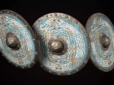 Medieval viking round shield with Midgard serpent Game ready Low-poly 3D model