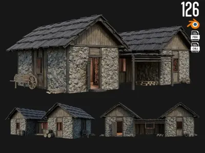 4 Old Medieval Building Pack 4K Textures GameReady 125 to 128 Low-poly 3D model