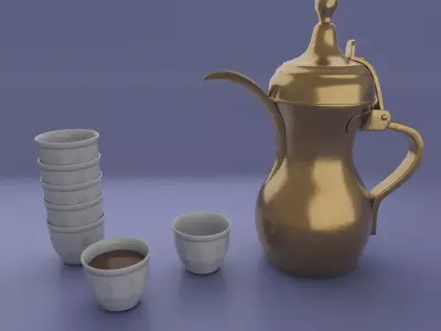 Dallah  golden Arabic coffee pot and Finjan cups 3D model