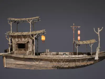 Ancient Chinese Wooden Boat Traditional River Vessel 3D model