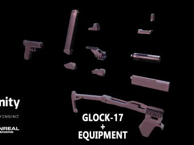 Low-poly game-ready 3d model Glock-17 and equipment Low-poly 3D model