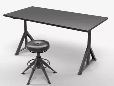 Modern Industrial Wooden Desk with Adjustable Workshop Stool  3D model