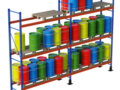 Metal Shelf Pallet Rack And Barrels 3D model